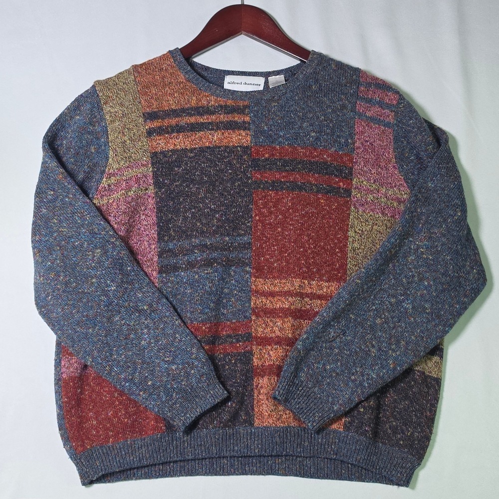 Vintage Alfred Dunner Womens XL Patchwork Knit Sweater Multi-Color Silk Blend